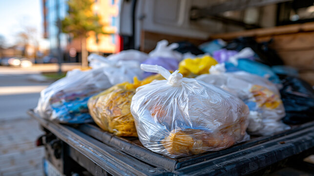 Plastic bags filled with food items loaded into back of open delivery truck, delivery