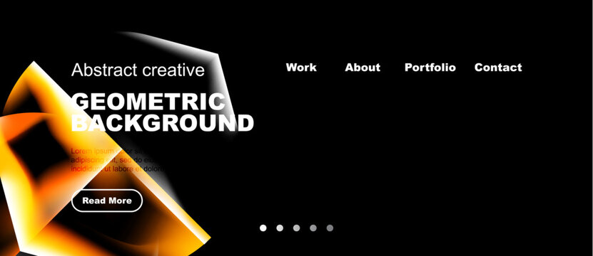 Dark background features vibrant geometric shapes, text elements, navigation menu. Orange glow adds visual interest. Modern design.