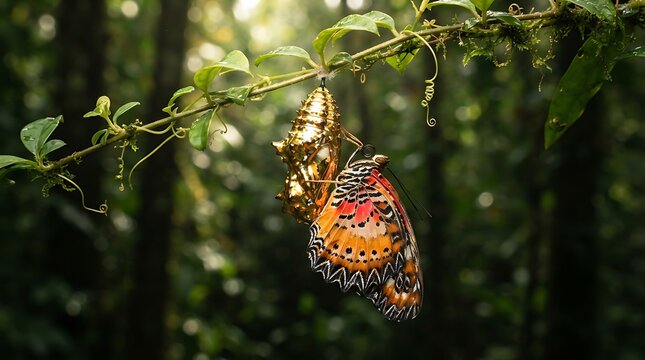 Exotic butterfly and golden cocoon in jungle setting