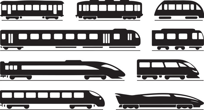Collection of various train silhouettes, from old steam engines to modern high-speed rail, representing different eras of rail travel and technology.