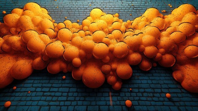 Vibrant orange textured spheres and blobs flowing abstractly over a dark blue brick wall, creating a dynamic and visually striking background.