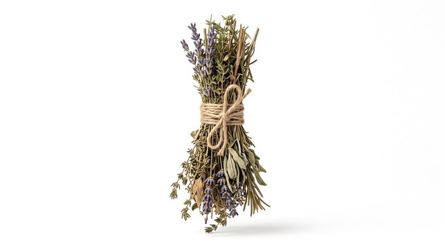 A rustic dried herb bouquet featuring fragrant lavender thyme and rosemary stems tied with natural twine for kitchen decor and culinary preparation