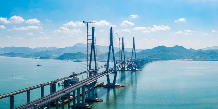 Modern Xiangshan Bay Bridge, a cable-stayed bridge under construction across the sea in Ningbo, China