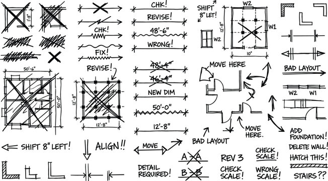 Hand Drawn Architectural Blueprint Correction Doodle Set with Revision Marks, Dimension Lines, and Construction Layout Annotations