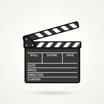 Vector illustration of a black and white movie clapperboard icon with shadow on a white background representing film production and cinema industry