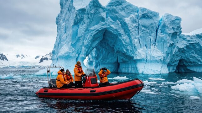 Tourists in orange jackets riding a red zodiac boat near a massive blue iceberg in the freezing waters of antarctica