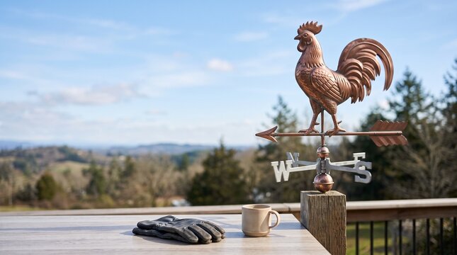 Copper rooster weather vane on wooden railing with landscape view  