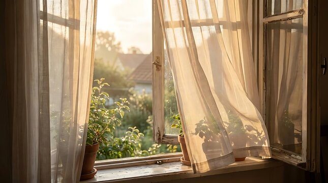 Sunlight through sheer white window curtains.