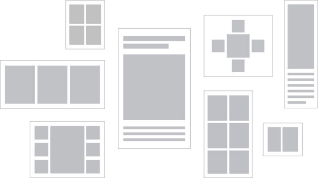 Minimalist wireframe layout collection, grey website UI design elements, clean digital interface prototypes for web development and app planning.