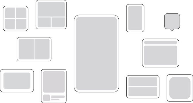 Minimalist UI wireframe kit, gray scale mobile app interface elements, clean website layout placeholders for UX design and prototyping.
