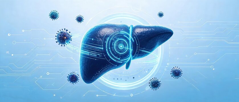 Medical research concept of liver disease, holographic human liver, virus cells and microscope, technological background for liver pathology research and hepatobiliary health detection