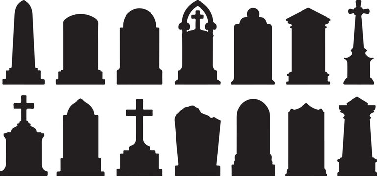 Set of silhouettes of tombstones and crosses in different shapes and styles isolated on transparent background for your projects.