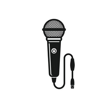 Black and white icon of a modern USB microphone with power button for recording audio, podcast, and music