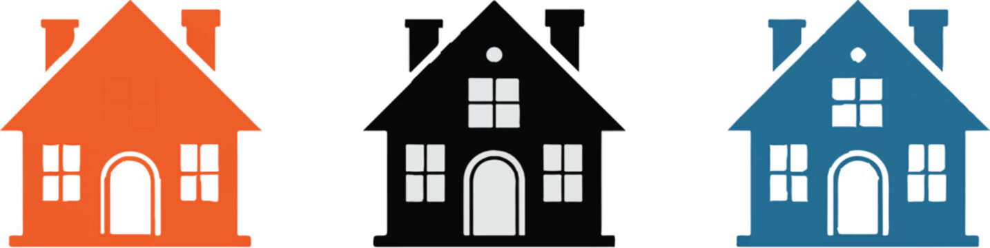 Minimalist house icons set in orange black and blue colors for real estate property listing homepage architectural symbol representation.