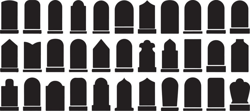 Collection of various tombstone and gravestone shapes in silhouette for cemeteries and memorials.