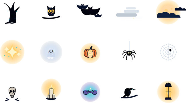 Halloween vector set bundle with spooky icons including glow, sparkle, and ghost elements for seasonal holiday designs.