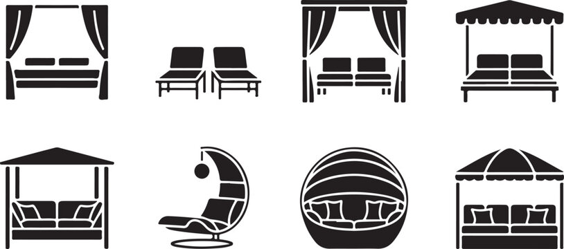 Assorted luxury patio furniture collection featuring four poster beds lounge chairs daybeds and circular sun bed canopy shade.