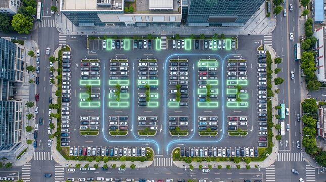 Aerial view of smart parking lot with digital occupancy tracking system real time technology tracking occupancy transport infrastructure management automotive monitoring capacity vehicles