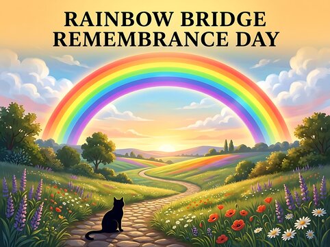 Colorful rainbow bridge remembrance day illustration with serene landscape and black cat sitting peacefully