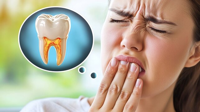 Woman clutching her cheek in pain with a conceptual illustration of an inflamed tooth nerve in a thought bubble