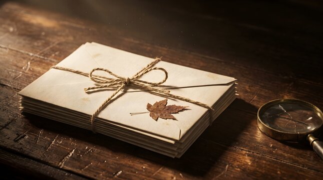 Vintage letters stack tied with twine sits on a rustic wooden desk with a magnifying glass