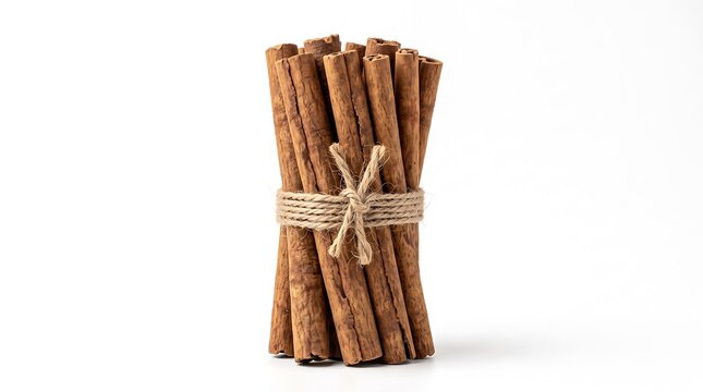 A rustic bundle of aromatic cinnamon sticks tied securely with natural twine isolated on a clean white background for culinary decoration