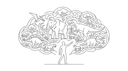 Prehistoric Animals and Human Line Art Illustration © Kimi