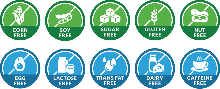 Food free diet label collection. Corn free, soy free, sugar free, gluten free, lactose free, dairy free and caffeine free nutrition badges vector illustration.