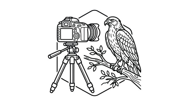 Camera and Bird Line Art Illustration