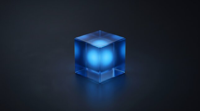 Abstract Blue Glass Cube with Glowing Orb Inside on Dark Background