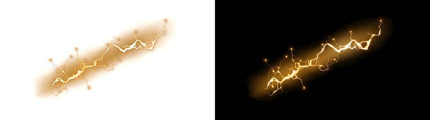 Lightning glowing golden electric energy streak with branching power effects for dynamic designs featuring PNG, Transparent and Black Background Versions © Crafter