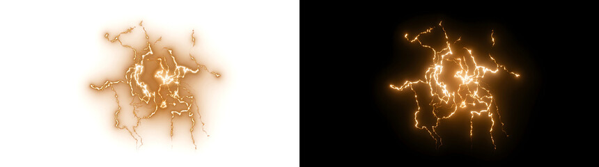 Lightning glowing golden electric energy burst with branching power arcs for dynamic visual effects featuring PNG, Transparent and Black Background Versions © Crafter