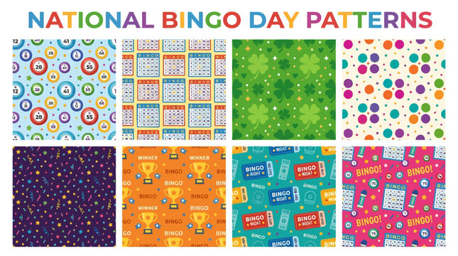 National Bingo Day Patterns Vector Set featuring playful and festive designs with vibrant colors and traditional bingo elements for celebration and fun, ideal for various graphic applications