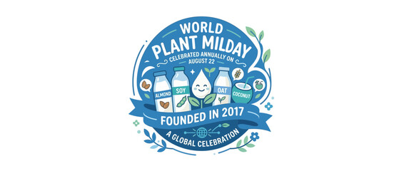 Obraz premium Plant Milk Celebration Logo with Bottles and Sprouts