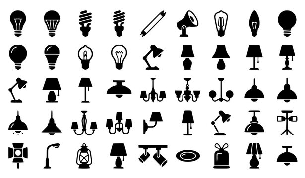 Light Bulb and Lamp Black Silhouette Icon Set with LED Fluorescent Vintage Desk and Ceiling Lights