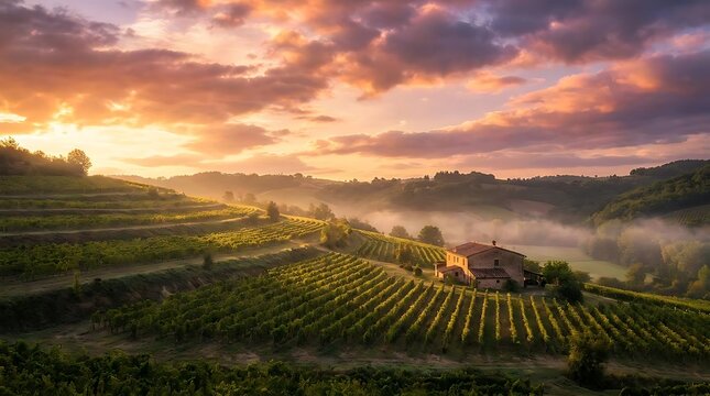 Sunset over rolling hills of a green vineyard.