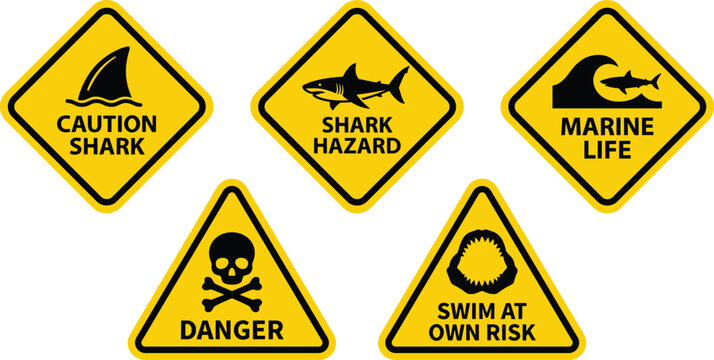 Marine hazard warning sign collection. Shark danger, shark hazard, marine life, swim at own risk and caution symbols for beach safety, water recreation and public warning vector illustration.