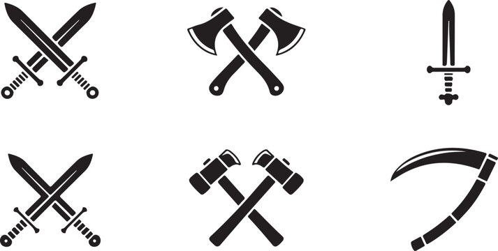 Set of various black weapon silhouettes including swords axes hammers and scythe isolated on transparent background.