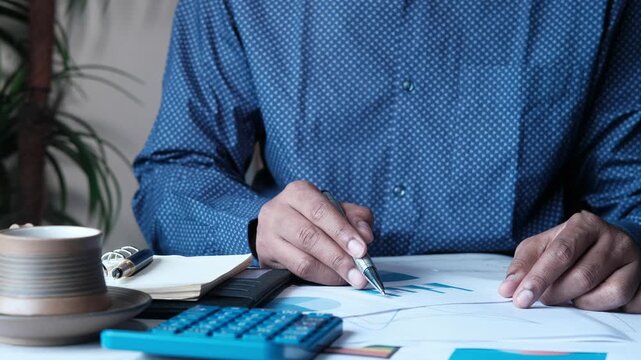 Close up of male hands holding pen and writing on document while sitting at desk in office, analyzing financial graphs and data for business growth