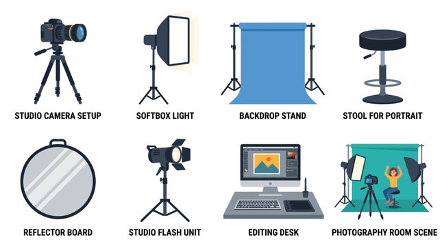 Vector Set of Photography Studio Equipment and Tools for Professional Photo Shoots and Creative Content Creation