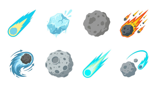 Vector Set of Meteors, Asteroids, and Comets Showing Different Stages of Impact and Trajectories, Including Fiery, Icy, and Space Debris Variations