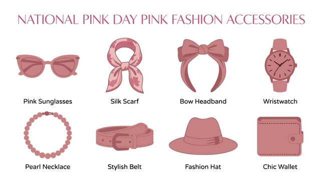 Vector Set Of Pink Fashion Accessories For National Pink Day Celebrations, Including Sunglasses, Scarves, And Jewelry