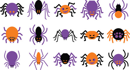 Halloween spider vector illustration set cute spooky cartoon arachnid insect characters in black orange purple © Rumi