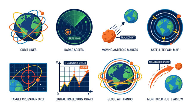 Space Exploration and Navigation Icons Vector Set Orbit Lines, Radar Screen, Moving Asteroid, Satellite Path Map, Target Crosshair, Digital Chart, Globe with Rings, Monitored Route