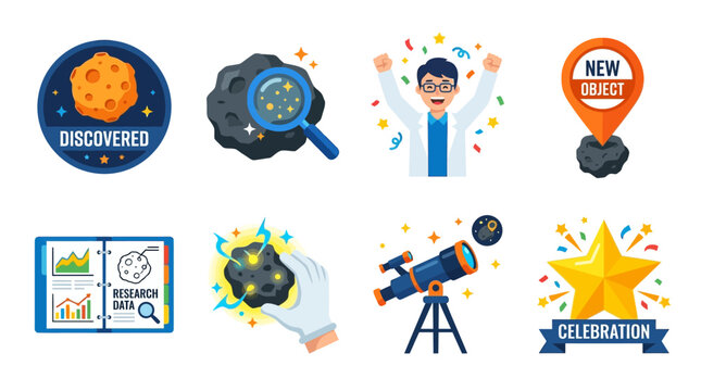 Vector Set of Icons for Astronomy and Space Exploration Discoveries Celebrating New Objects with Magnifying Glass and Telescope