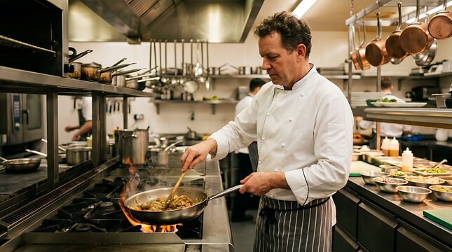 Professional chef cooking a delicious meal in a busy restaurant commercial kitchen