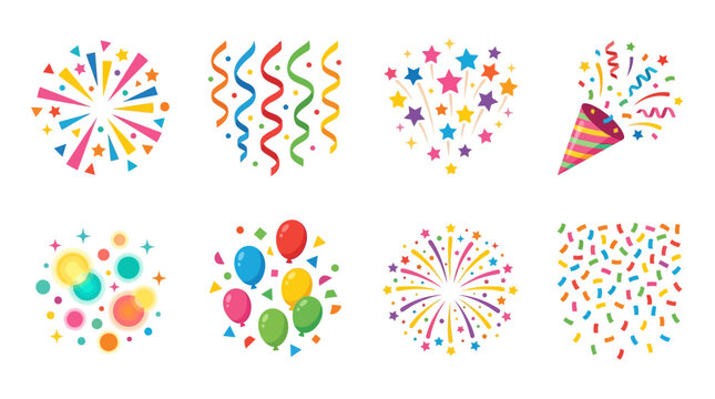 Celebrate and Party Vector Set A Collection of Festive Icons including Confetti, Balloons, Streamers, and Fireworks for Your Special Occasions and Decorations