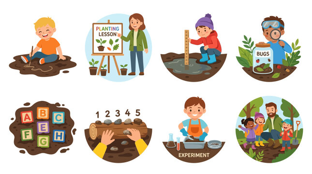 Vector Set Of Children Learning About Nature And Science Through Outdoor Activities And Experiments