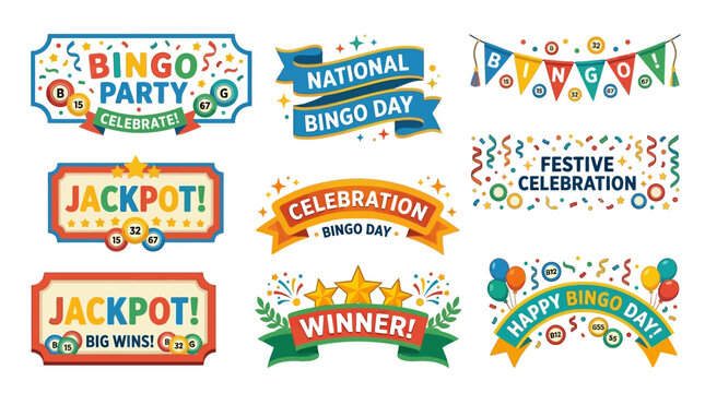 Vector Set of Bingo Game Labels and Banners for Parties and Celebrations, Festive Decorations