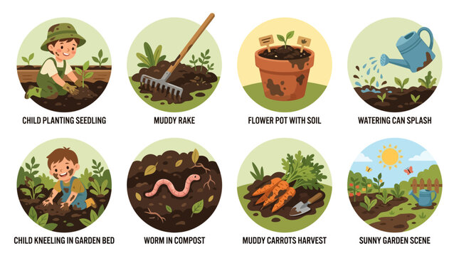 Vector Set Child Gardening Activities, From Planting Seedlings to Harvesting Carrots, Featuring Muddy Rake, Compost Worm, and Watering Can Splash, Illustrating Sunny Garden Scapes and Soil Interaction
